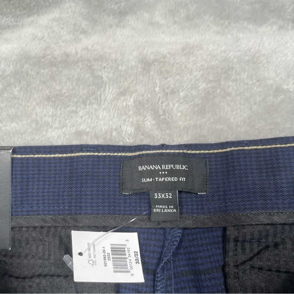 NWT Banana Republic Grayson Chino Pants Mens 33x29 Houndstooth Blue Slim Hemmed